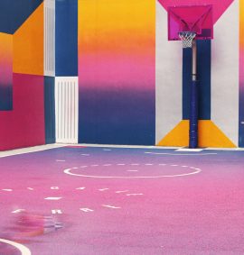 LearnOnline Live Mathematics A level Yellow, pink and blue basketball court with geometric shapes