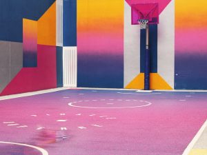 LearnOnline Live Mathematics A level Yellow, pink and blue basketball court with geometric shapes