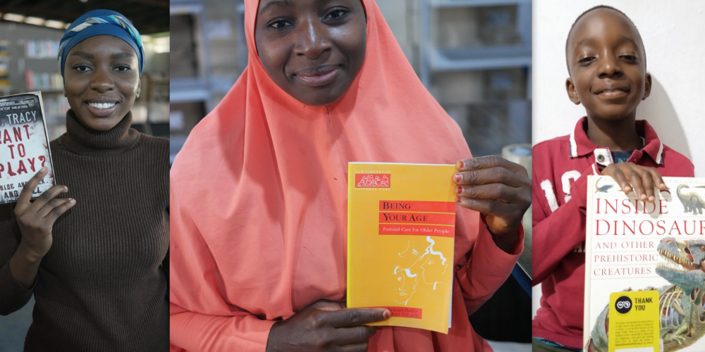 3 images of African people holding up books, smiling