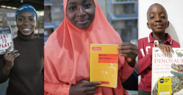 3 images of African people holding up books, smiling