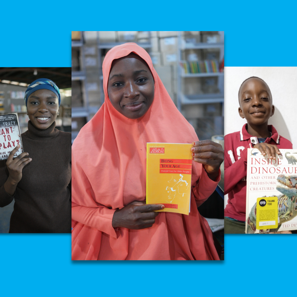 3 images of African people holding up books, smiling