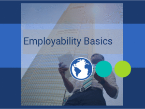 "Employability Basics" young adult underneath business tower looking successful