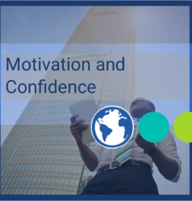 "Motivation and Confidence" young adult underneath business tower looking successful