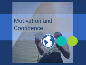 "Motivation and Confidence" young adult underneath business tower looking successful