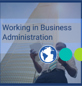 "Working in Business Administration" young adult underneath business tower looking successful