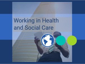 "Working in Health & Social Care" young adult underneath business tower looking successful