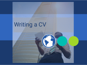 "Writing a CV" young adult underneath business tower looking successful