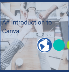 "An Introduction to Canva" faded image of hands / colleagues fist bumping with LearnOnlien logo and imagery / colours behind